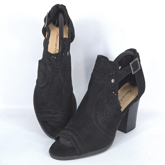 American Eagle Black Suede Peep Toe Heeled Sandals Cut Out Bootie 8.5 Block Heel - Picture 1 of 11